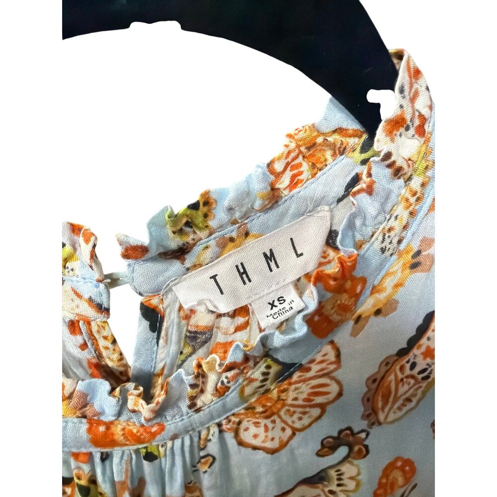 THML Floral Ruffle Mini Dress Blue Boho Tiered Cottagecore XS - Picture 5 of 6